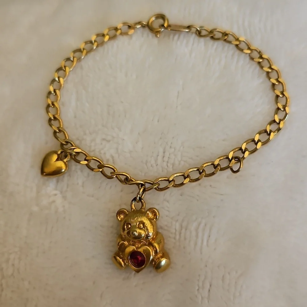 Vtg AVON Gold Bear Ruby Crystal Birthstone Charm Girl's Bracelet